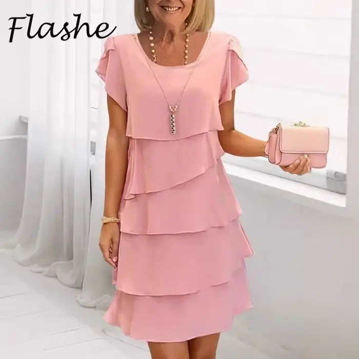 Robe d'été à manches courtes pour femmes élégante couleur unie mini droite col rond polyester pour occasions estivales décontractées