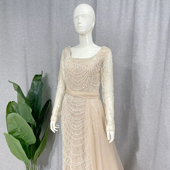 Robe Sirène Élégante à Manches avec Traîne Amovible pour Femmes Musulmanes, Paillettes, Perles, Soirée Officielle, Occasions Spéciales