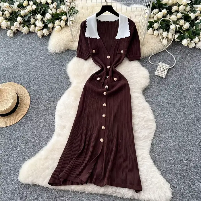 Neploe Style français Vintage lambrissé Moda Robe col rabattu manches bouffantes mince robes élégant Vent tricot luxe