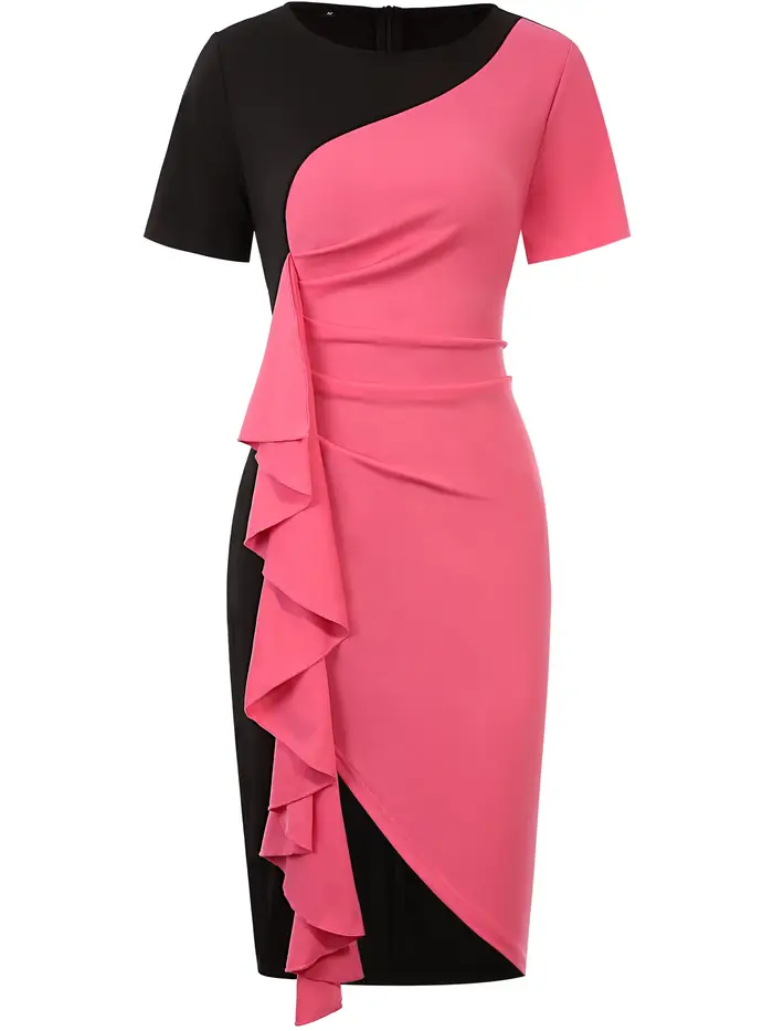 Robe grande taille pour femme, col rond, manches courtes, volants, colorblock, moulante, robe de coc