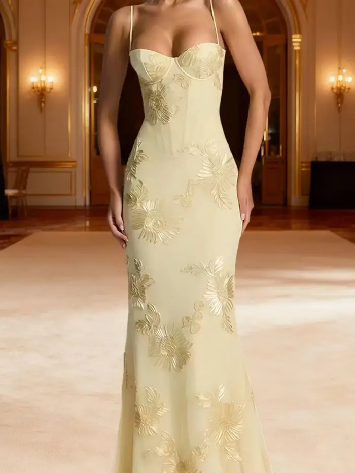 Robe longue élégante pour femme avec broderie florale 3D