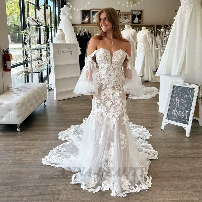Robe de mariée Anna ChimMermiad pour femme, appliques en dentelle, manches longues, laçage en tulle,
