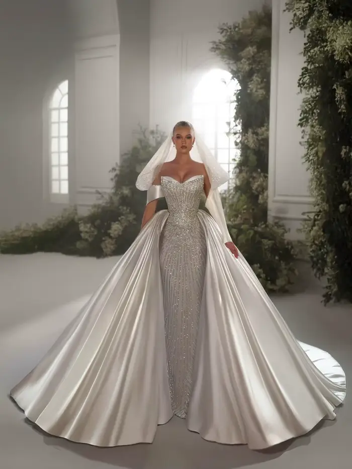 Robe de mariée longue en satin de luxe vintage avec traîne détachable et perles, élégante et personnalisable, sans bretelles, pour la mariée