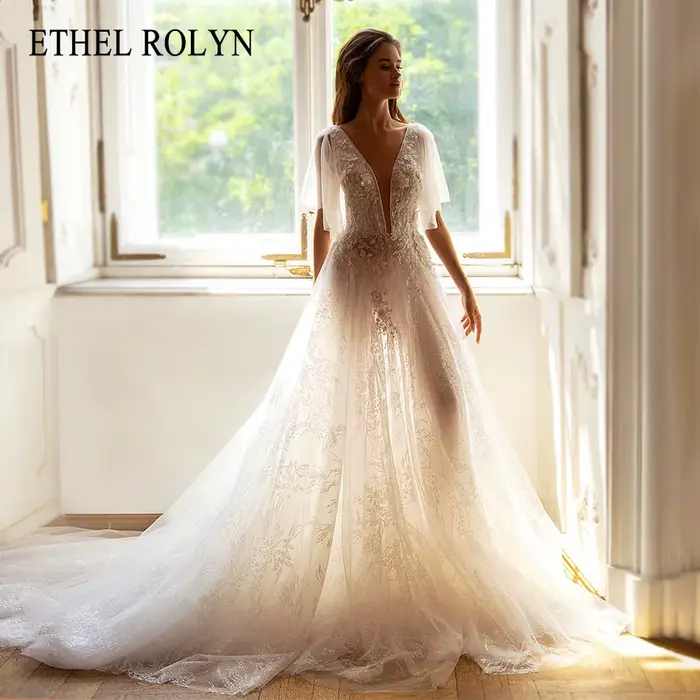 ETHEL ROLYN robe de mariée trapèze perles délicates fleurs col en v mariée dos nu dentelle Appliques