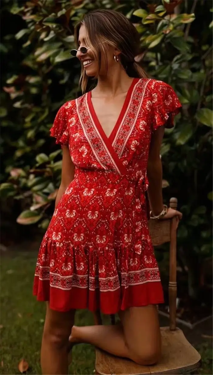 Mini robe portefeuille à fleurs style Boho pour femmes