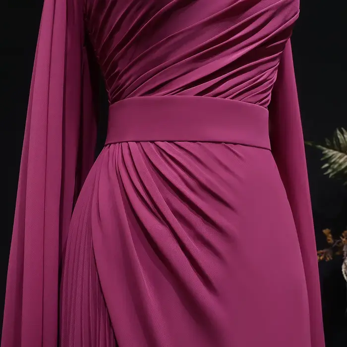 Robe Sharon Said Fuchsia en polyester avec décolleté haut et manches longues pour femmes occasions formelles et soirées spéciales