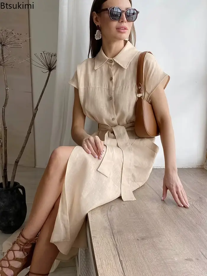 Robe longue d'été élégante pour femme en coton et lin, taille haute, à lacets, style chemise à revers, pour le bureau ou les loisirs