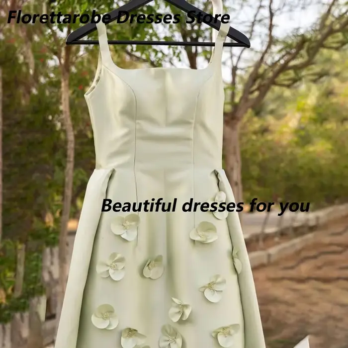 Robe de soirée vert sauge à fleurs 3D col carré personnalisé plissée droite en satin sans manches pour bal de promo et fêtes occasions spéciales