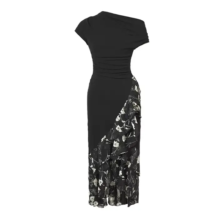 Robe Maxi française Chic pour femmes, douce et Sexy, noire, épissée, plis, volants, queue de poisson