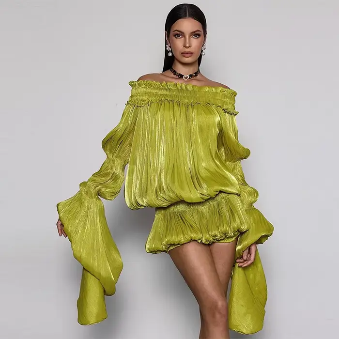 Robe Courte Plissée Vert Citron Épaules Dénudées Chic Taille Froncée Effet Bulle Vistidos Femme Manc