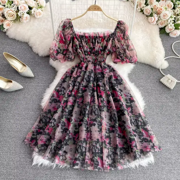Robe de gâteau Dancing JL Ants imprimé floral chic française pour femmes, col carré, manches courtes bouffantes, silhouette élégante, occassions spéciales