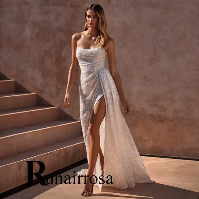 Ruhair-Robes de mariée à paillettes pour femmes, fente haute, fibscoop, col à lacets, personnalisé