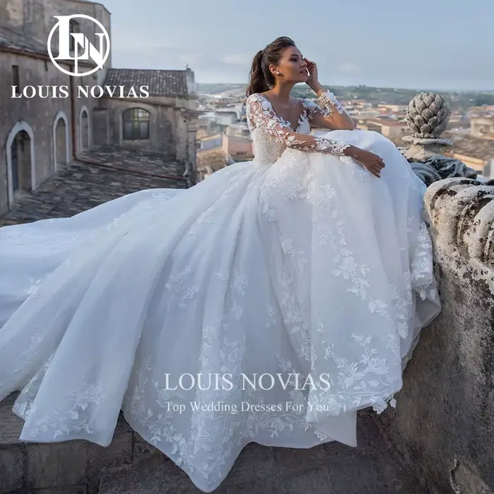 LOUIS NOVIAS robes De mariée pour les femmes magnifique perlée princesse à manches longues chérie à lacets robe