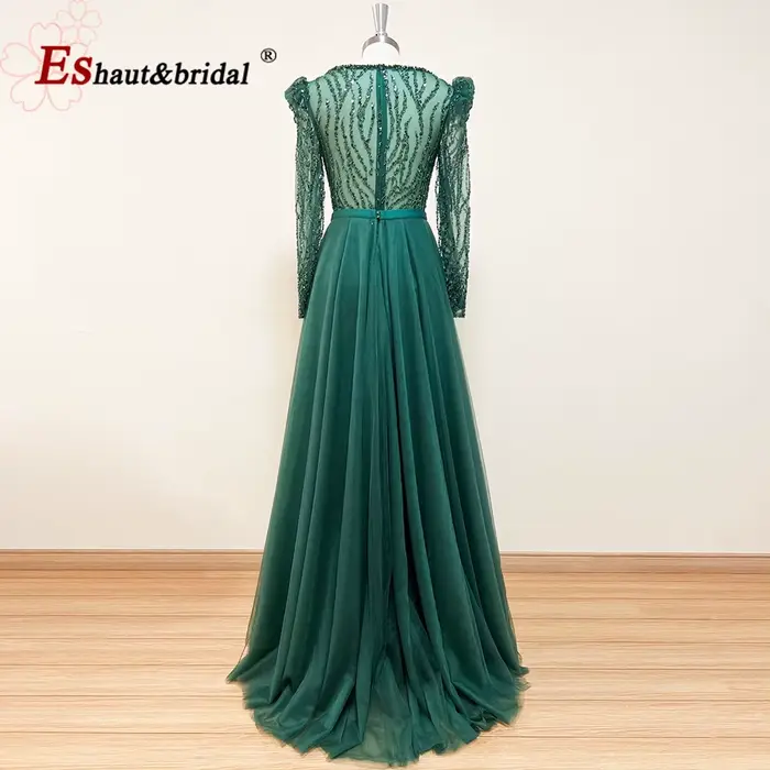 Robe de soirée sirène élégante pour femme 2026, col en V, manches longues bouffantes, perles et sequins, robes de bal et de mariage formelles personnalisées