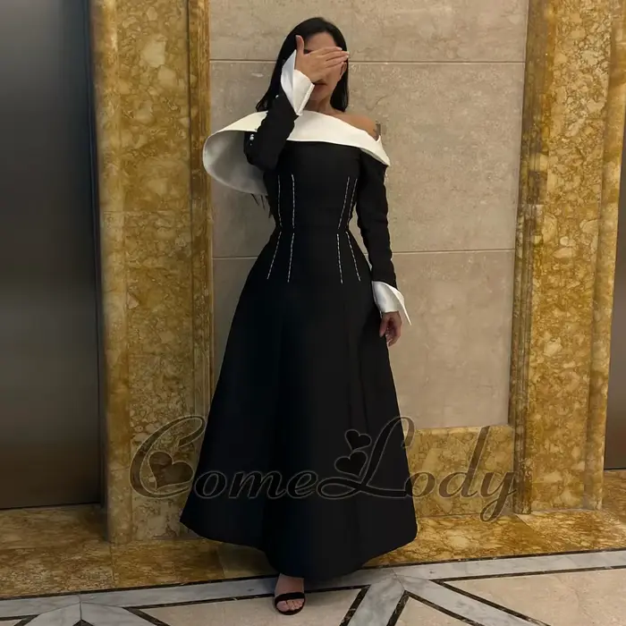 Robe de soirée chic asymétrique Comelody, couleur contrastée, longueur cheville, manches longues, po