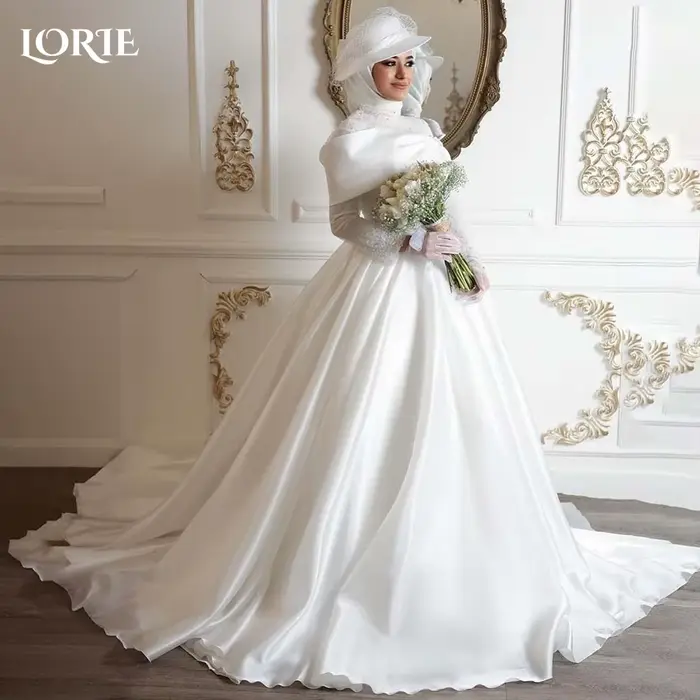 Robe de Mariée Musulmane en Satin à Manches sulf