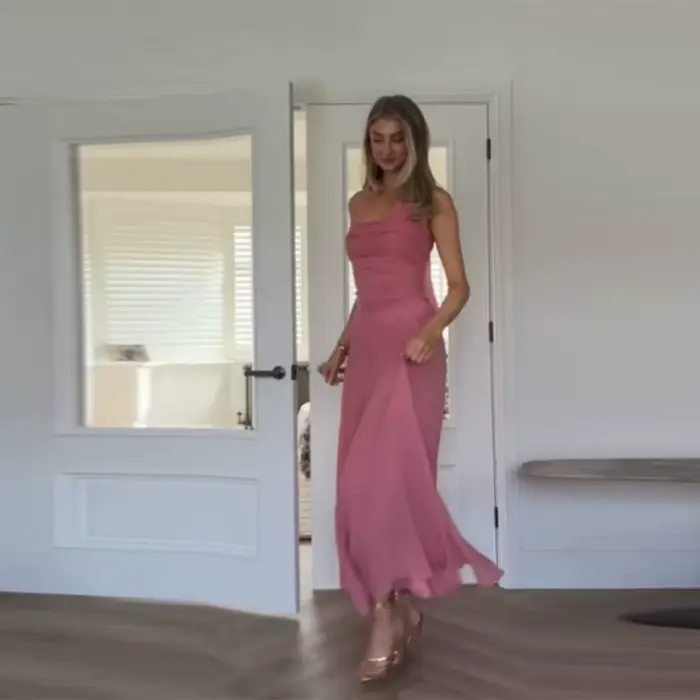 Robe longue rose à licou pour femme, sans manches, dos nu, froncée, élégante, pour soirée, nouvelle