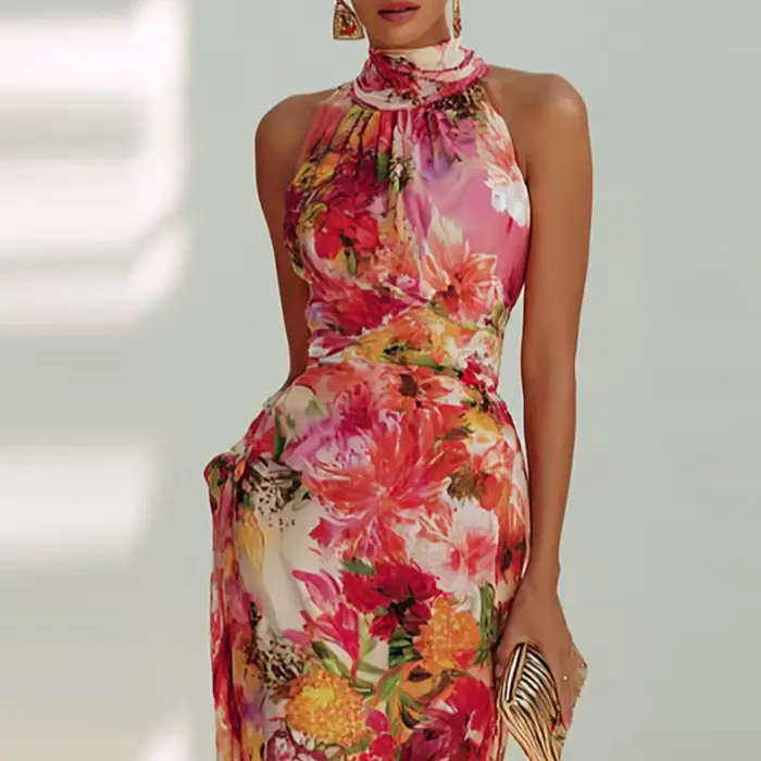 Robe d'été pour femme à imprimé floral rouge