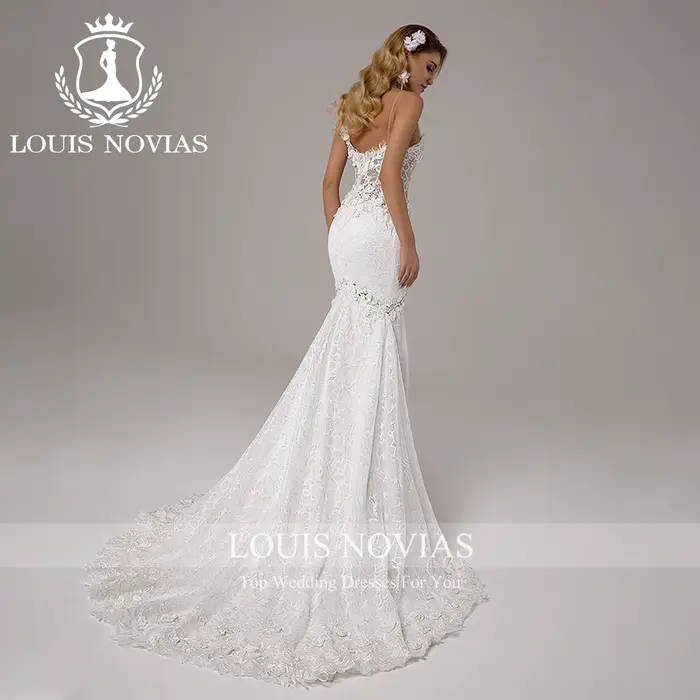 LOUIS NOVIAS robe De mariée sirène romantique bretelles Spaghetti fleurs 3D Appliques Illusion