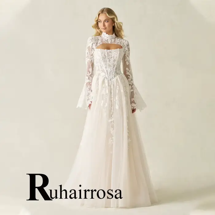 Ruhair – robes de mariée charmantes à col haut, corset plissé, ligne A, en Tulle, fermeture éclair, 