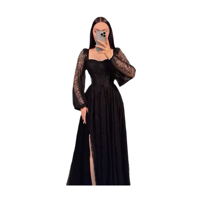 Robe longue élégante à manches longues en dentelle, Nouveau style 2026, pour le marché international, style professionnel, en tissu polyester
