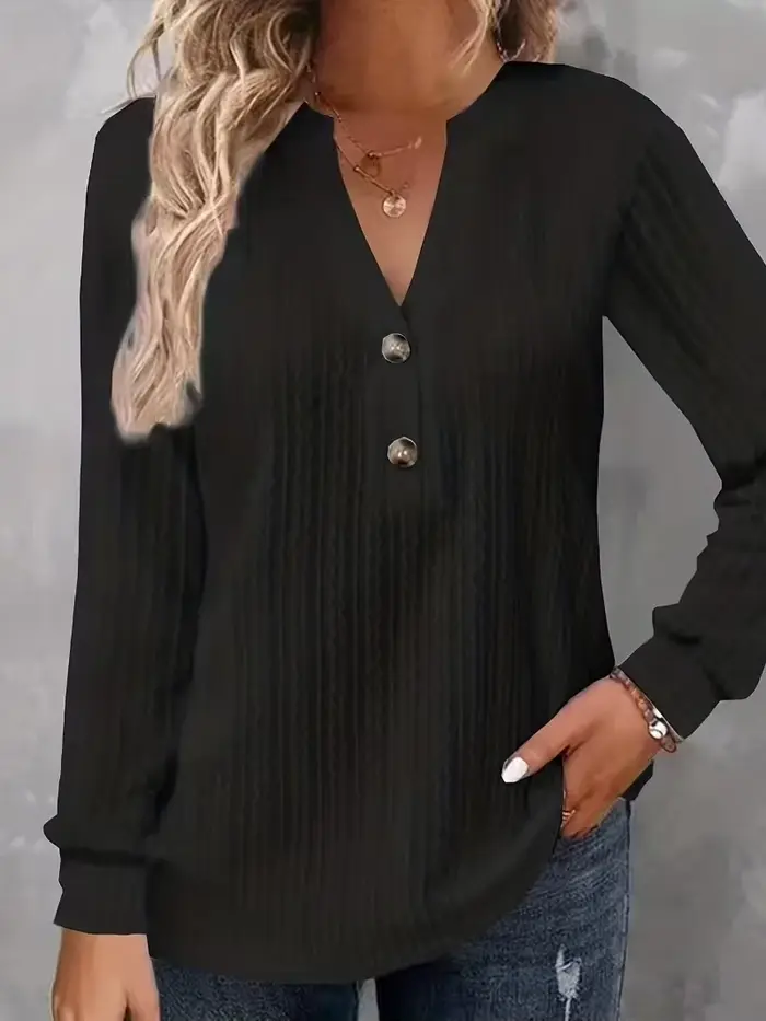 Chemise à manches longues en polyester brossé et froissé avec col en V pour femmes, confortable et élégante, pour printemps et été