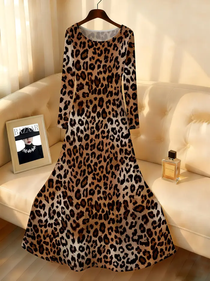 Robe décontractée à manches longues à imprimé léopard pour femme