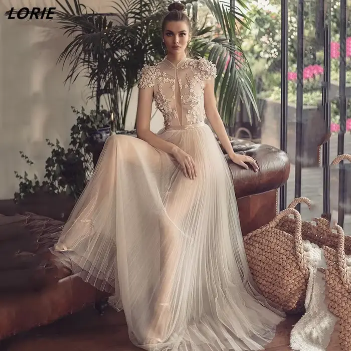 LORIE-Robe de Mariée Sexy à Col Haut et Manches Courtes, Vêtement à Fleurs 3D, Style Boho, pour Pati