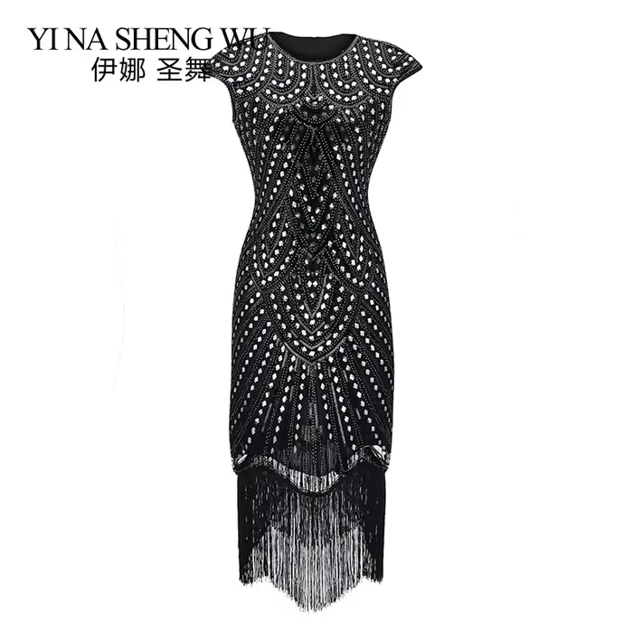 Robe de soirée évasée à franges perlées à paillettes pour femmes