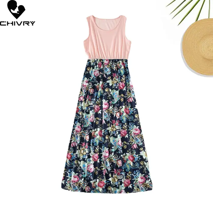 Robe d'été sans manches en patchwork de fleurs pour mère et filles occasions spéciales tenues assorties famille nouvelle collection polyester décontracté