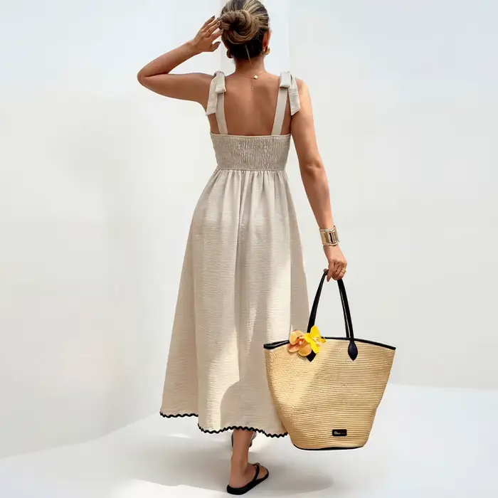 Robe midi style vacances sans manches dos nu pour femme