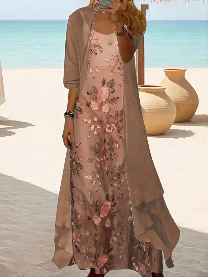 Robe longue grande taille à imprimé floral avec couverture transparente