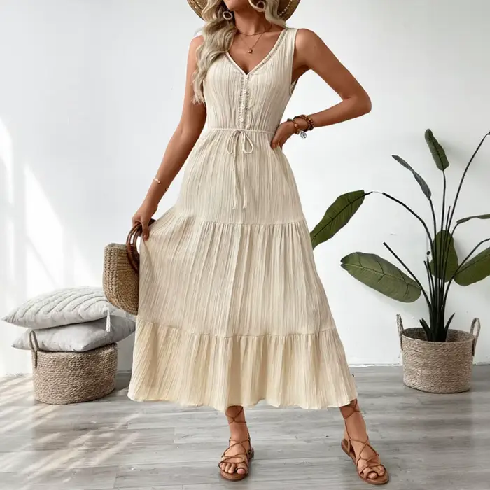 Robe longue texturée sans manches à volants pour femme, col en V, taille à nouer, beige, bleu foncé, bleu clair, décontractée et élégante, pour le quotidien et le week-end