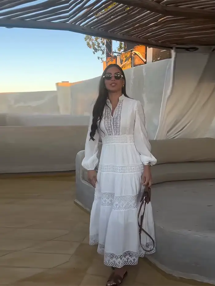 Robe longue ajourée en dentelle pour femmes