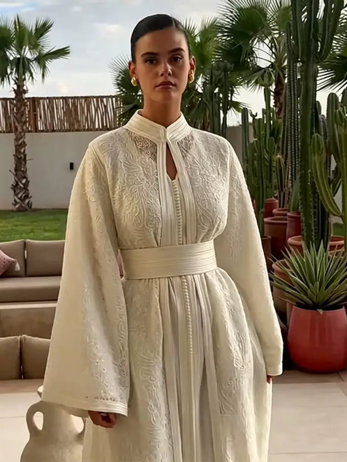 Robe kaftan bohème polyester pour femme élégante et discrète longueur cheville manches longues col mi-haut double boutonnage occasions spéciales