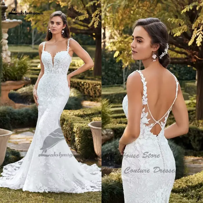 Yanshmigown-Robes de mariée sirène en dentelle de luxe, bretelles spaghetti, sexy, patients de plage