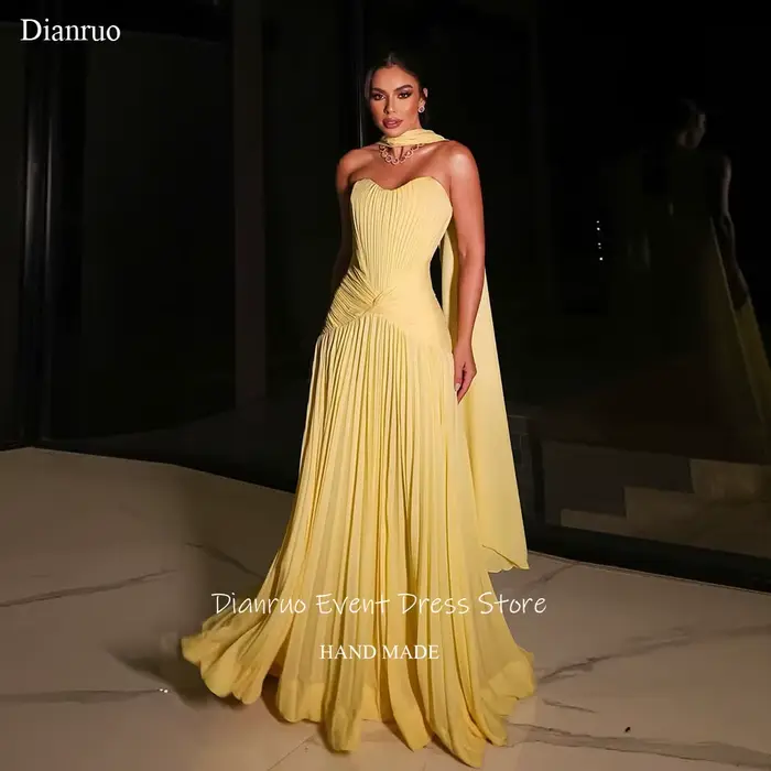 Dianruo rubans jaunes robes De soirée une ligne plissée robe formelle en mousseline De soie chérie