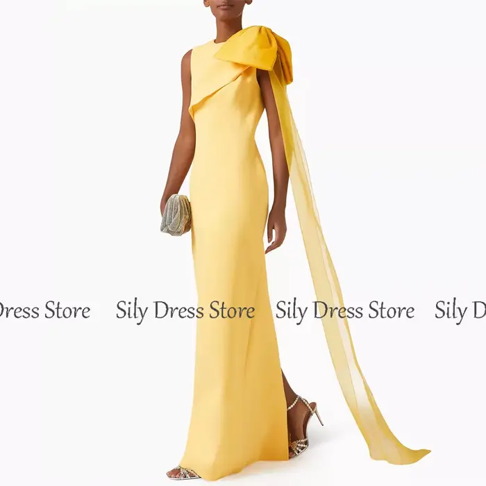 Robes de bal chics pour dames Jersey gaine/colonne robe de soirée formelle jaune col rond nœud drapé fendu sur mesure
