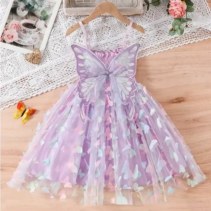 Mode filles mignon papillon ruban robe 2025 été nouveaux enfants ailes maille