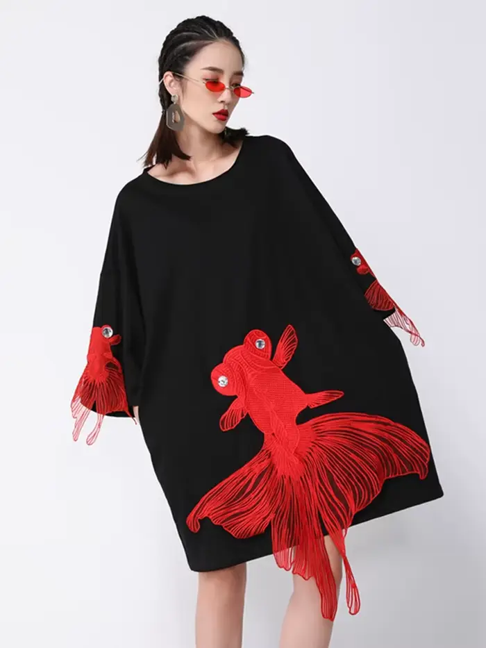 [EAM] femmes noir poisson broderie genou longueur grande taille robe nouveau col rond poignet manche