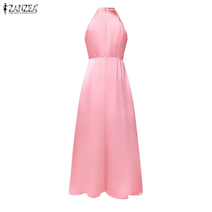 ZANZEA Robe longue élégante en satin pour femme, col halter, sans manches, coupe trapèze, pour cocktail, soirée ou invitée de mariage