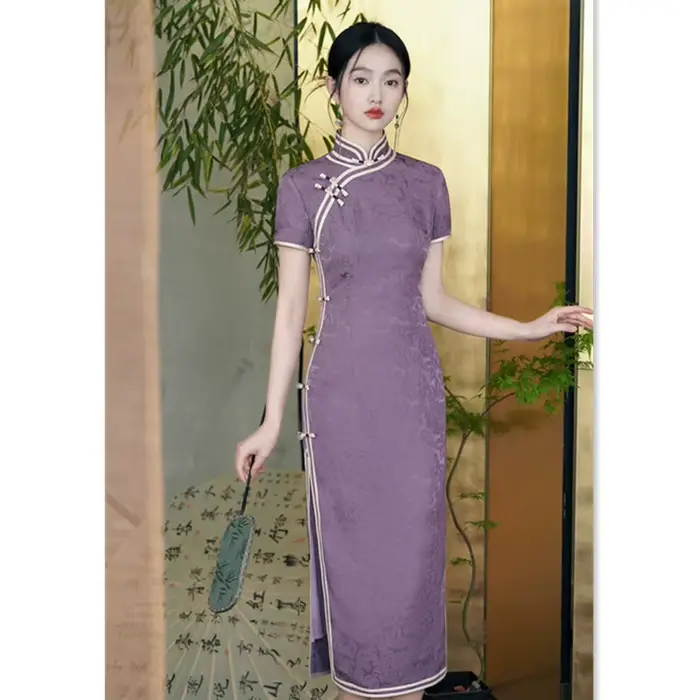 Qipao-Robe Longue à Manches Courtes en Jacquard pour Femme