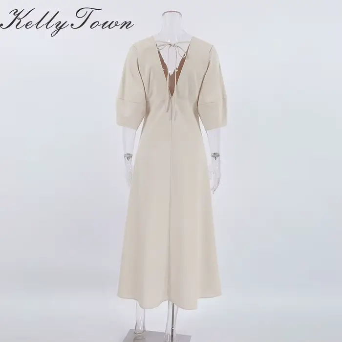 Robe en coton et lin 2026, style Y2K français, col en V, manches bouffantes, robe dos nu à lacets, robes longues décontractées d'été pour femmes