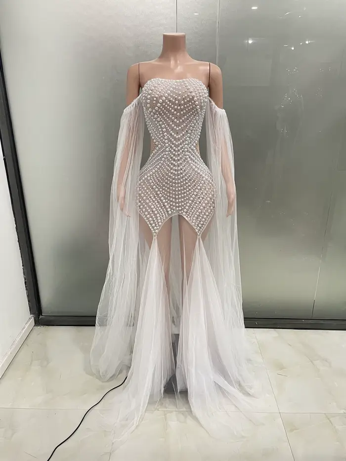 Robe sans bretelles en perles blanches pour femmes, robe de sirène de luxe, robe transparente, robe 