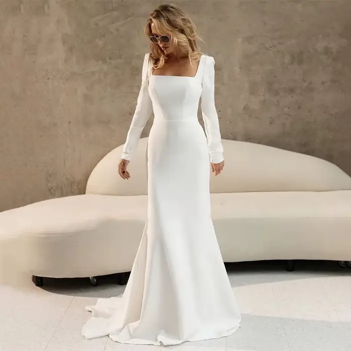 Robe de mariée civile pour fêtes, manches longues, sirène, personnalisée, modeste, robe de soirée de