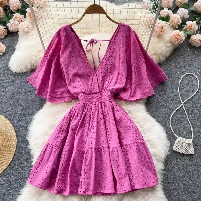 Frenchic-Robe d'été à col en V pour femme, ligne A, amissié, à lacets, mi-mollet, manches Everak, robe éducative, livraison directe
