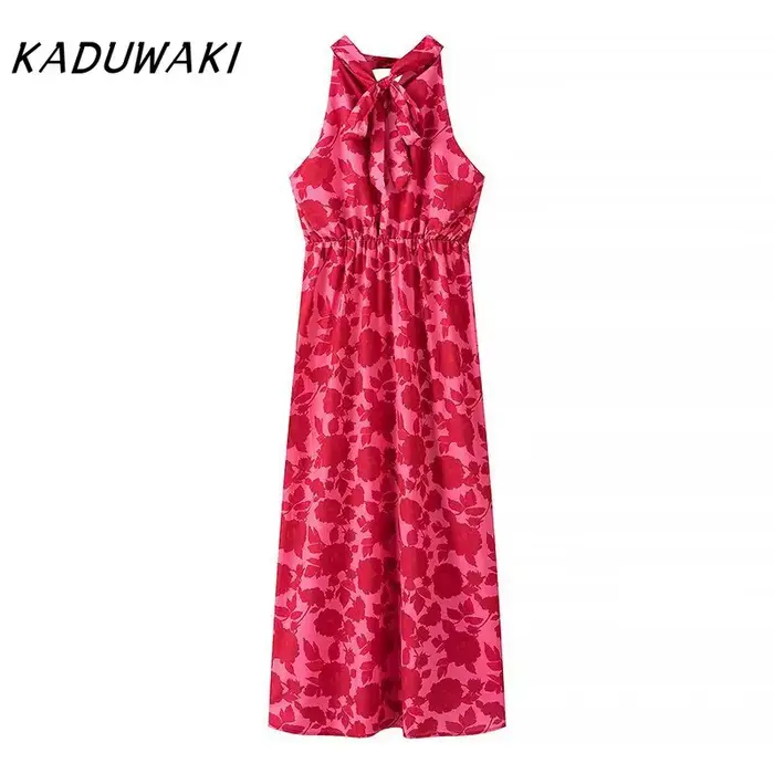 Robe Kaduwaki mi-longue imprimée élégante pour femme dos nu robe de soirée robe de plage mince mode estivale vacances sexy sans manches tricotée composition fibre synthétique polyester acétate