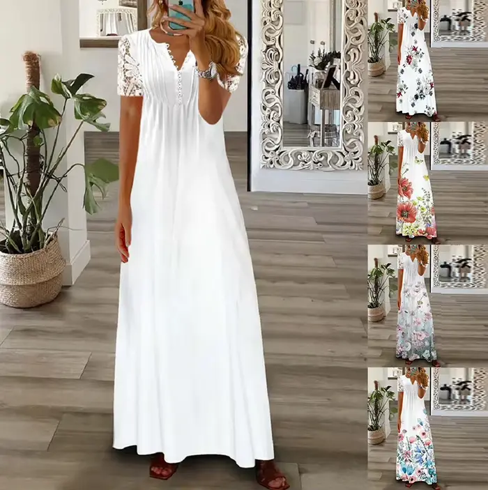Robes Maxi florales élégantes pour femmes décontracté col en V court