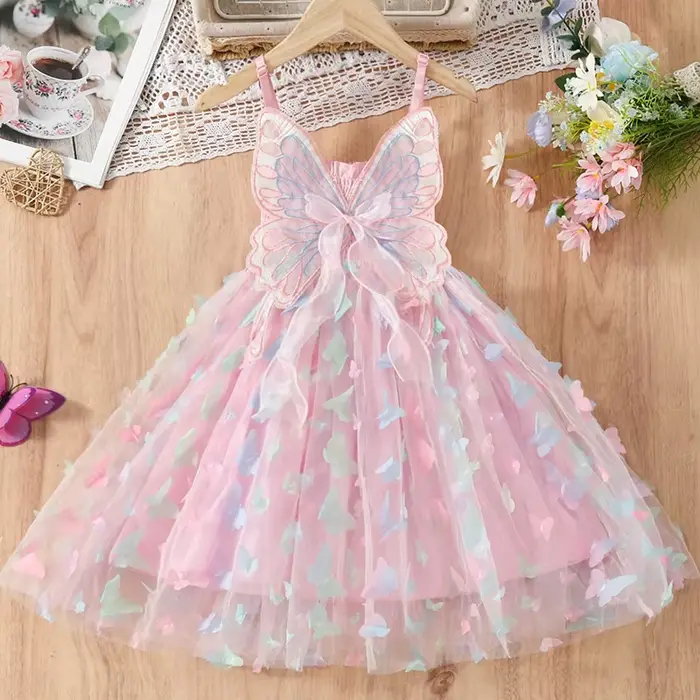 Mode filles mignon papillon ruban robe 2025 été nouveaux enfants ailes maille robe enfant en bas âge