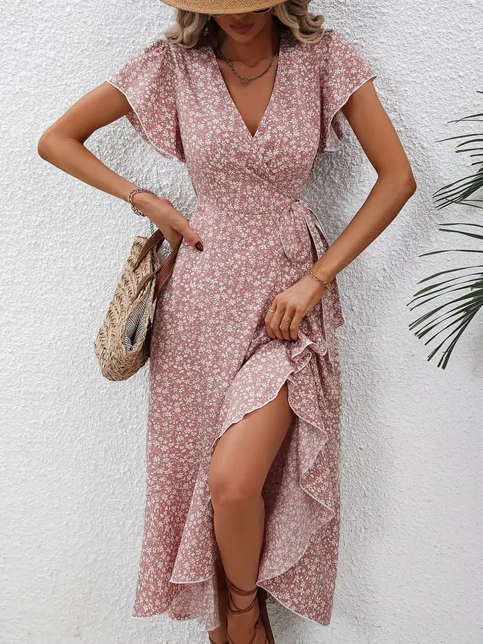 Robe d'été pour femmes, sexy, col en V, manches courtes, taille haute irrégulière, à lacets, imprimé floral, robes de plage décontractées